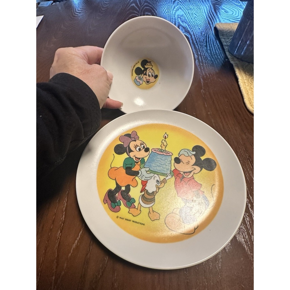 Vntg Mickey Mouse Birthday Cake Party Plastic‎ Bowl Plate Set Minnie Donald Duck